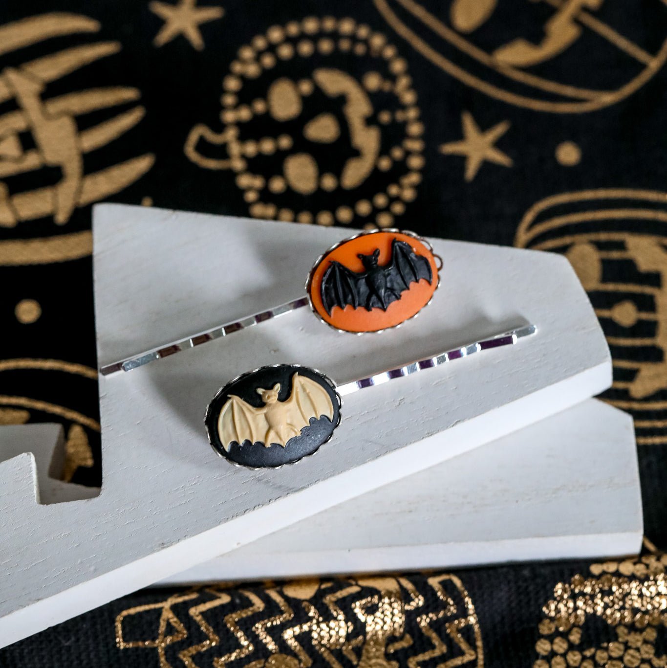 The Gilded Witch Bat Cameo Bobby Pin - Orange/Left